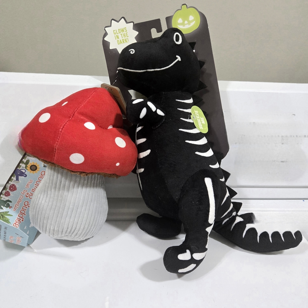 Fringe Studio Black and White Dinosaur with Red Mushroom Dog Toy Set